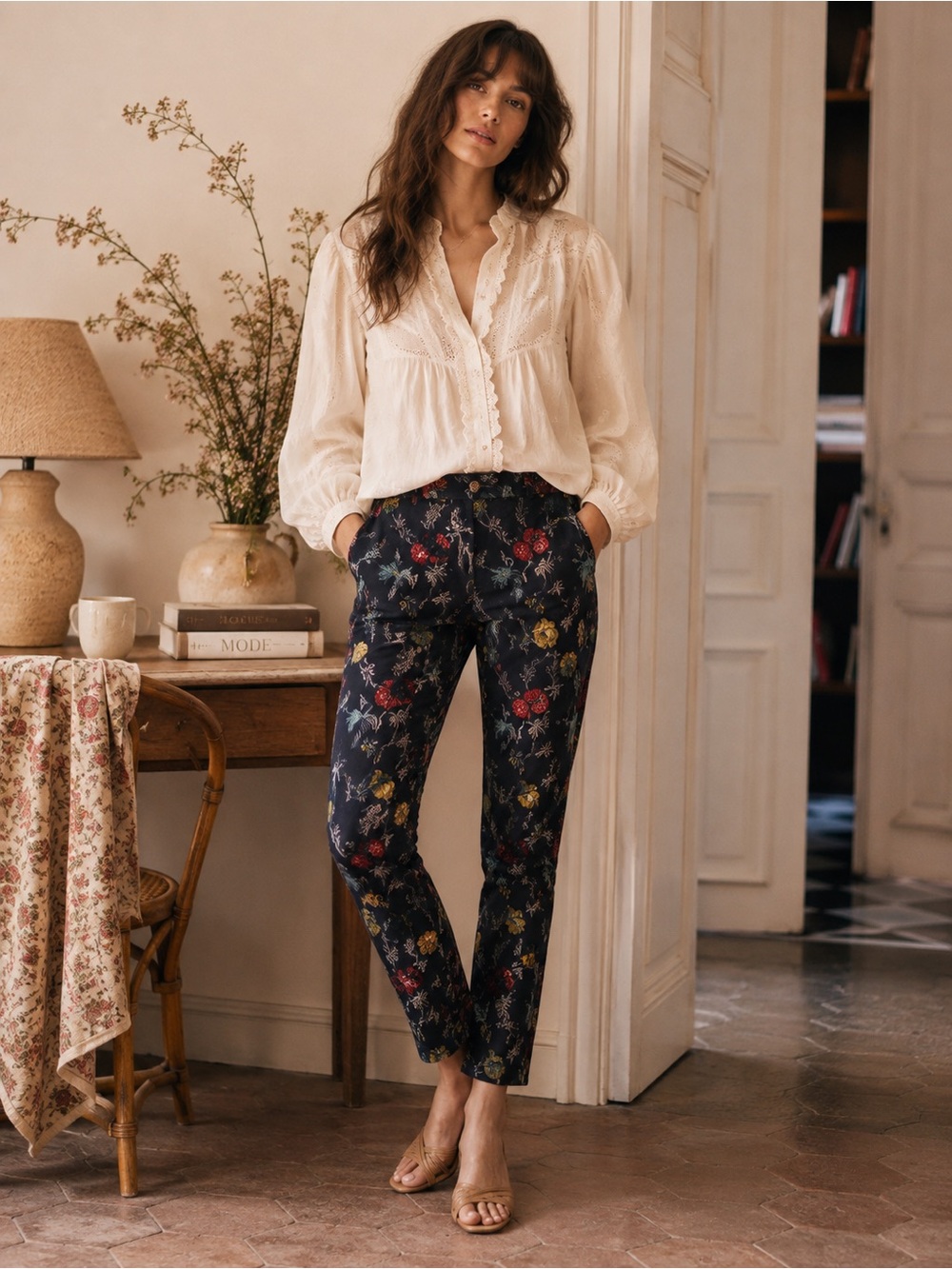 Sézane Floral Jacquard Tapered Ankle Pants Navy French Romantic Boho- 34